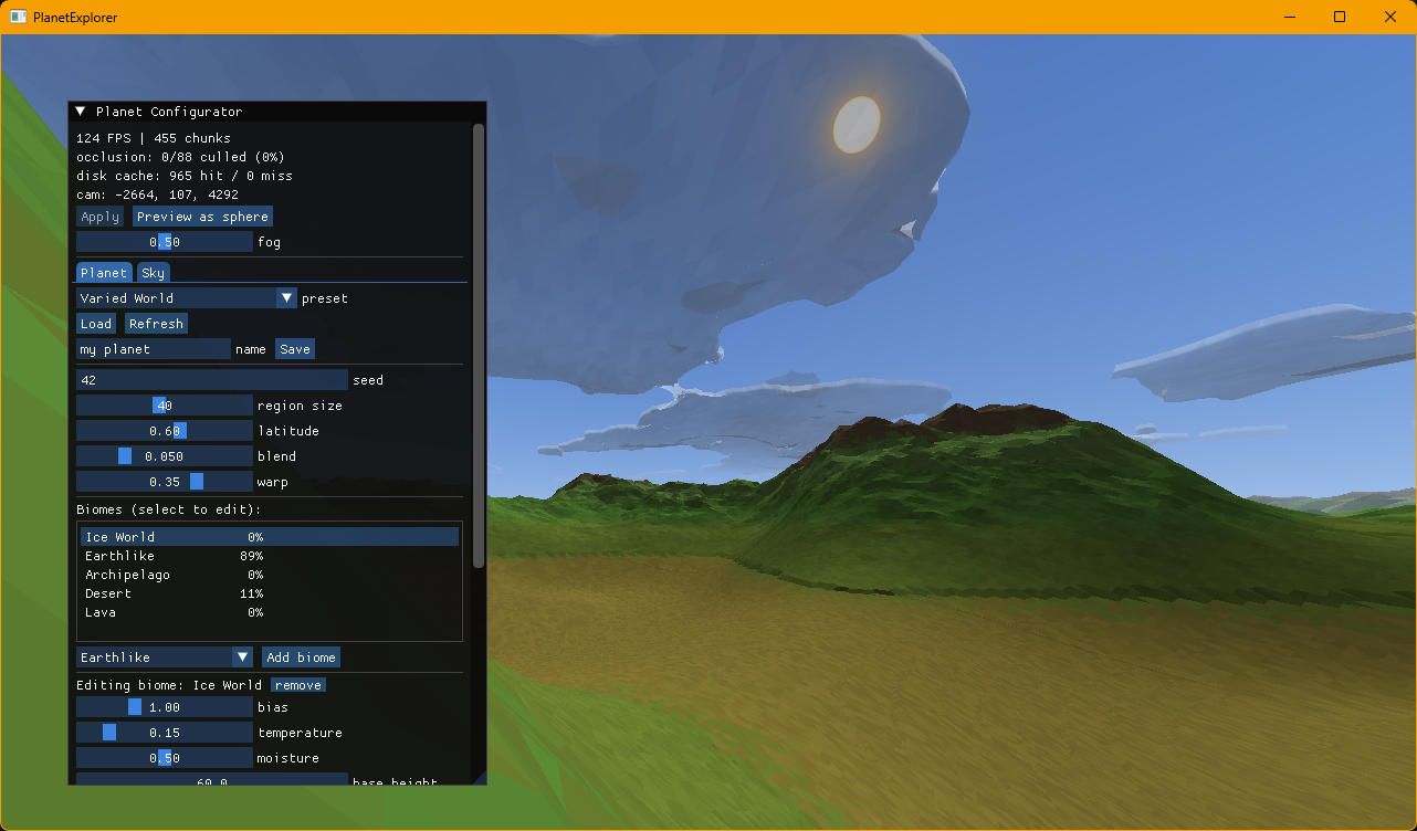 Walking the surface — real-time terrain, volumetric clouds, and the live planet configurator with a performance HUD