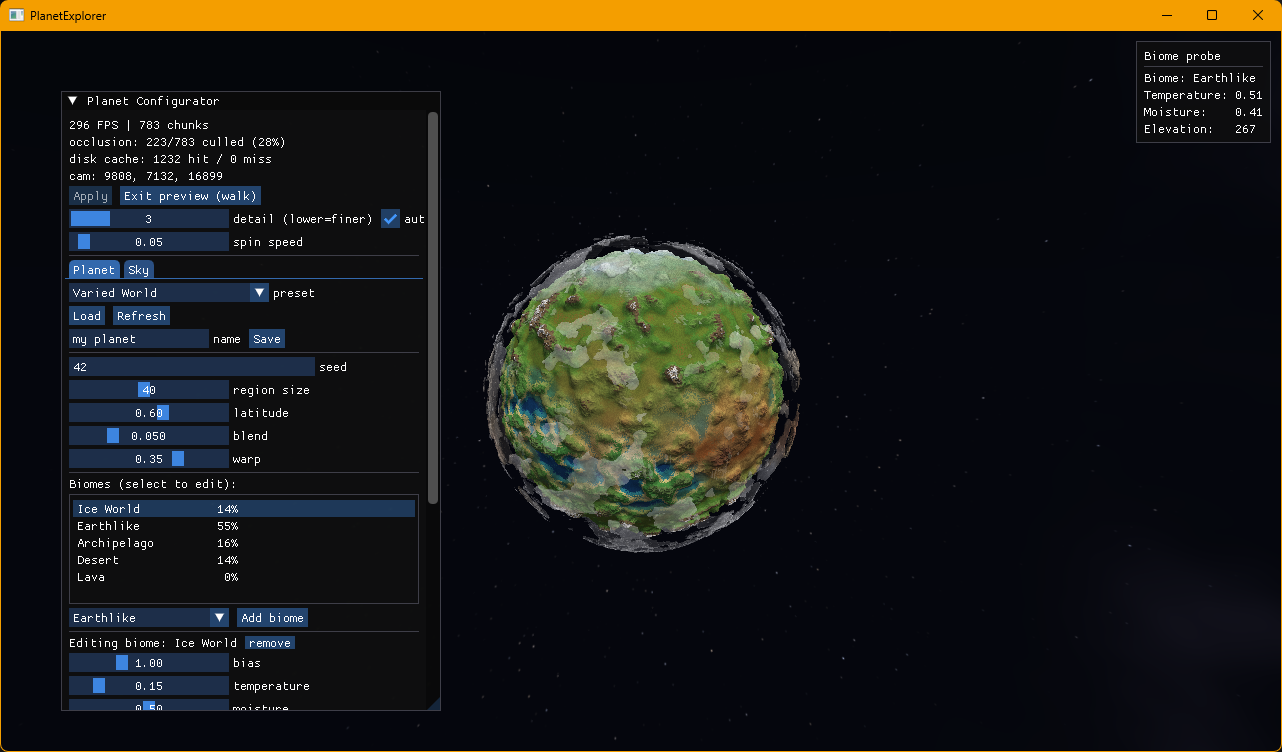 PlanetExplorer — a procedural Earthlike planet rendered in the engine