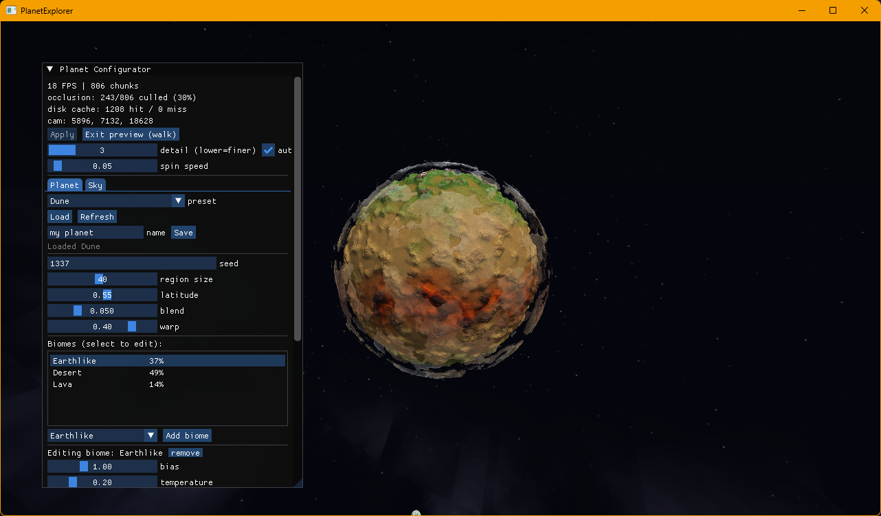 'Dune' preset — an arid desert world from the same system with a different seed and biome weights