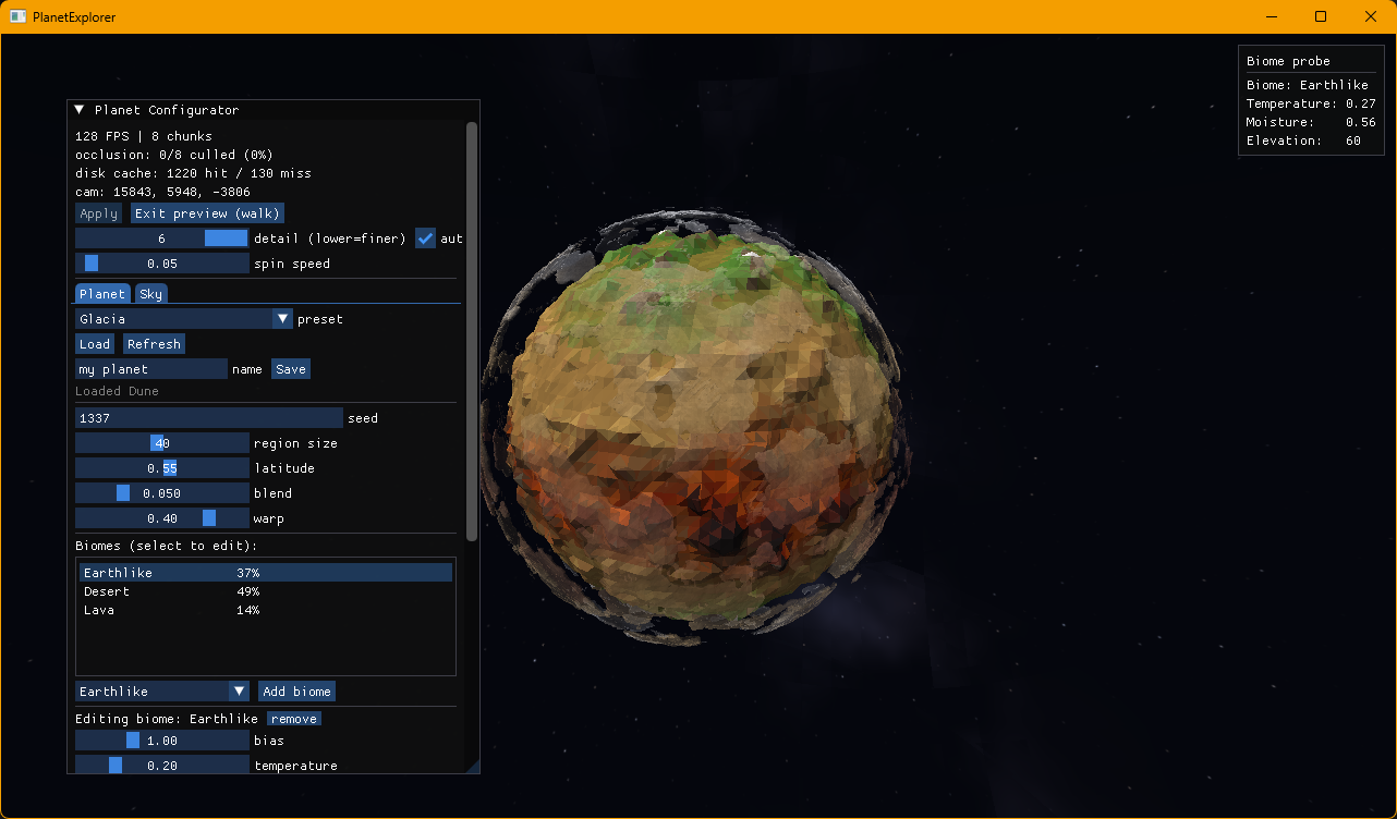 Marching-cubes meshing visible at low detail — the voxel surface the engine generates and streams as chunks